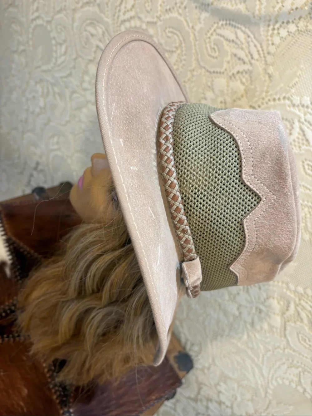 Vintage Taupe and Olive Suede Brim Hat - Picture 9 of 12